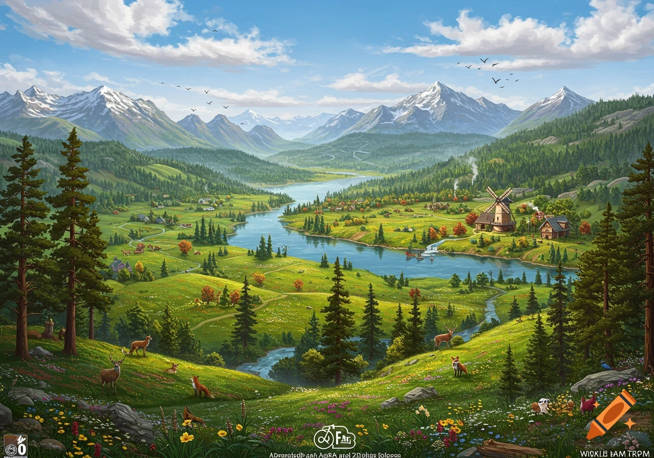 A lush green valley landscape painting with a winding river, snow-capped mountains, a small village, trees, and wild animals.