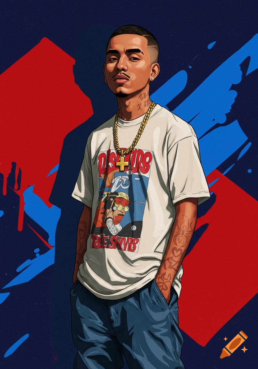 Stylized illustration of a man with tattoos, gold chain, and graphic t-shirt against a dark blue background with red and blue paint splashes.