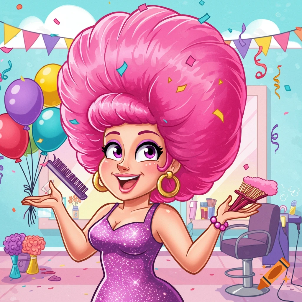 Cartoon woman with big pink hair in a sparkling dress holds salon tools in a party-decorated salon.