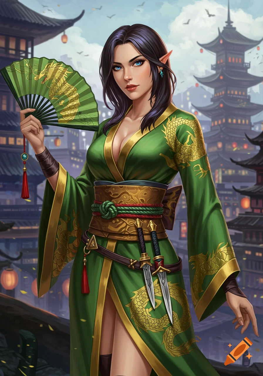 Female elf in green and gold dragon robe holds a fan before a Japanese cityscape, fantasy art.