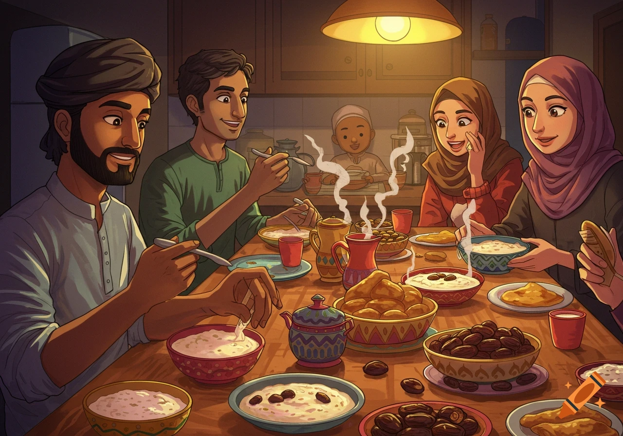 Illustration of a Middle Eastern family eating a meal together at a table under a warm lamp.