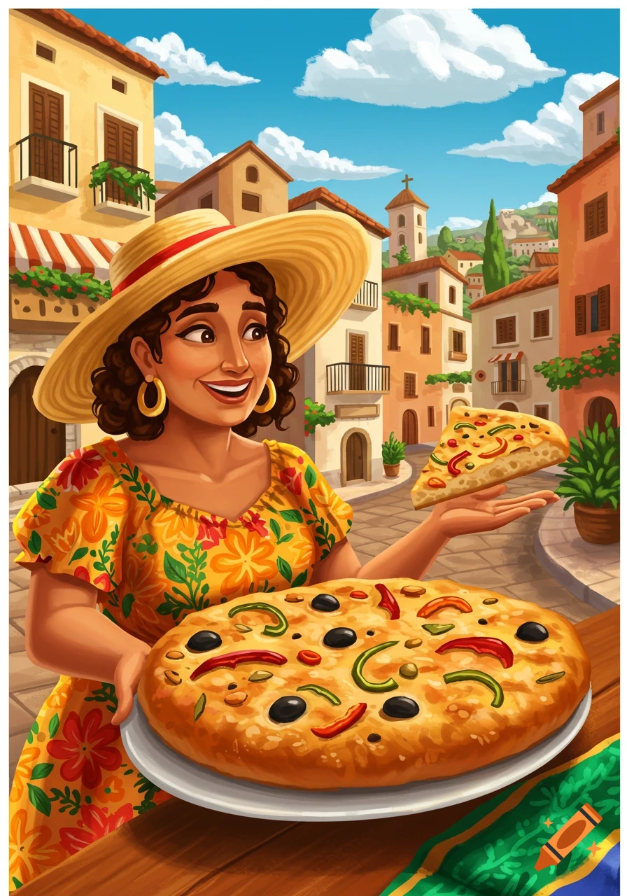 Woman in a straw hat holds a large focaccia and a slice in an Italian town square. Illustration.