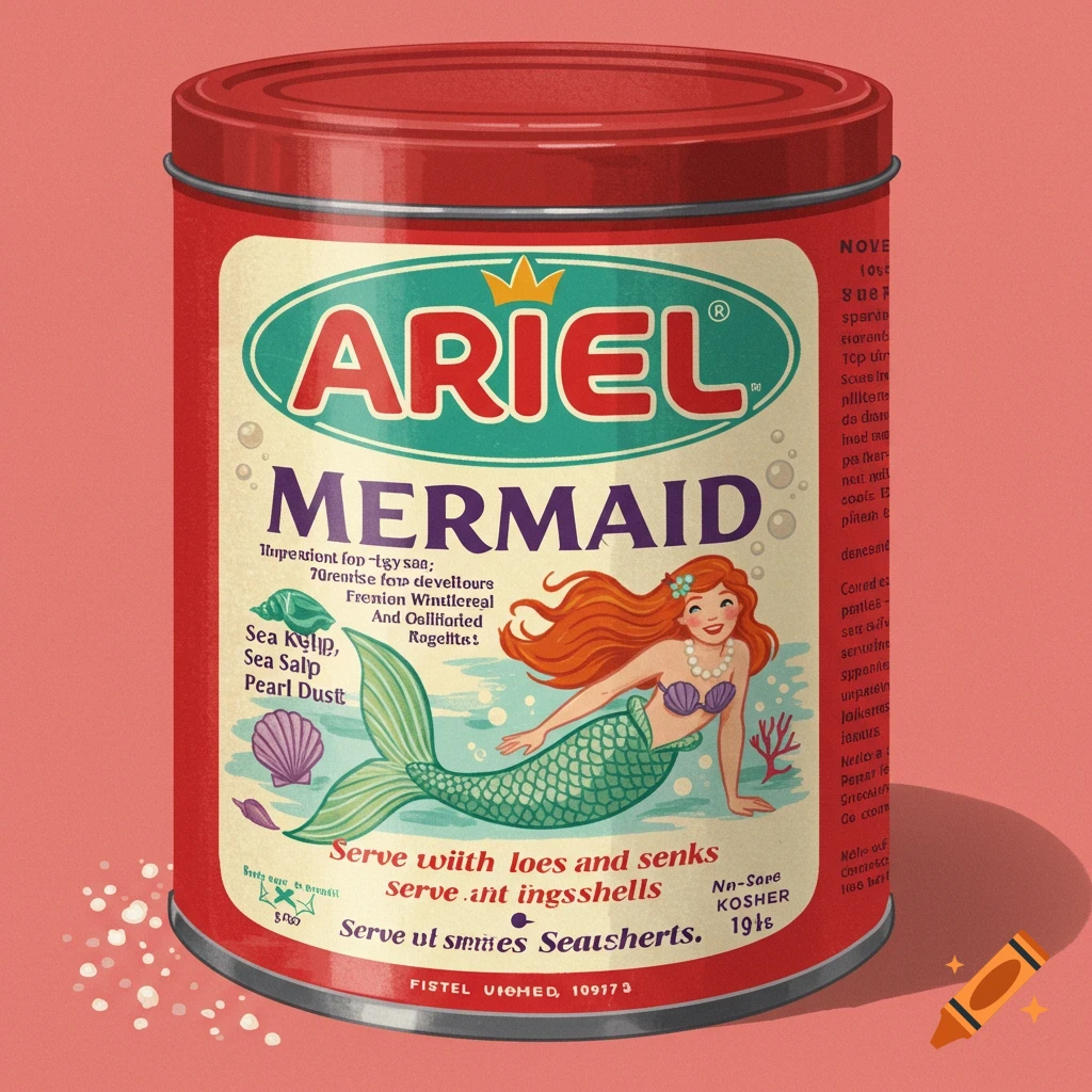 Vintage-style illustration of a red can labeled 'ARIEL MERMAID' with a mermaid graphic.