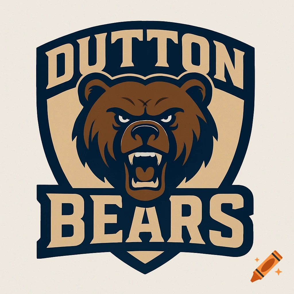 A sports logo in the shape of a shield featuring a brown bear head and the text "DUTTON BEARS".