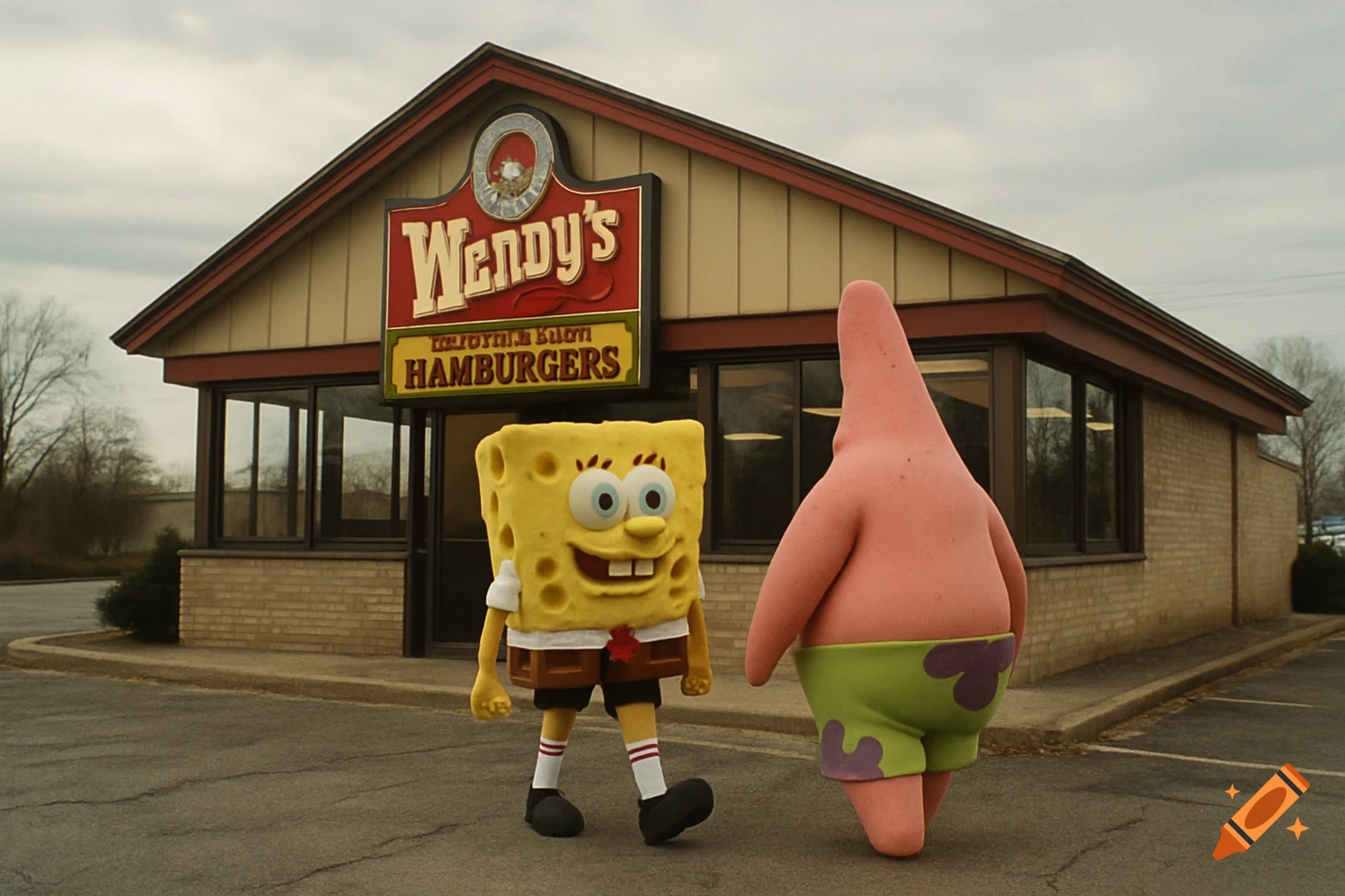 Spongebob and Patrick walk past a Wendy's restaurant in a photorealistic style.