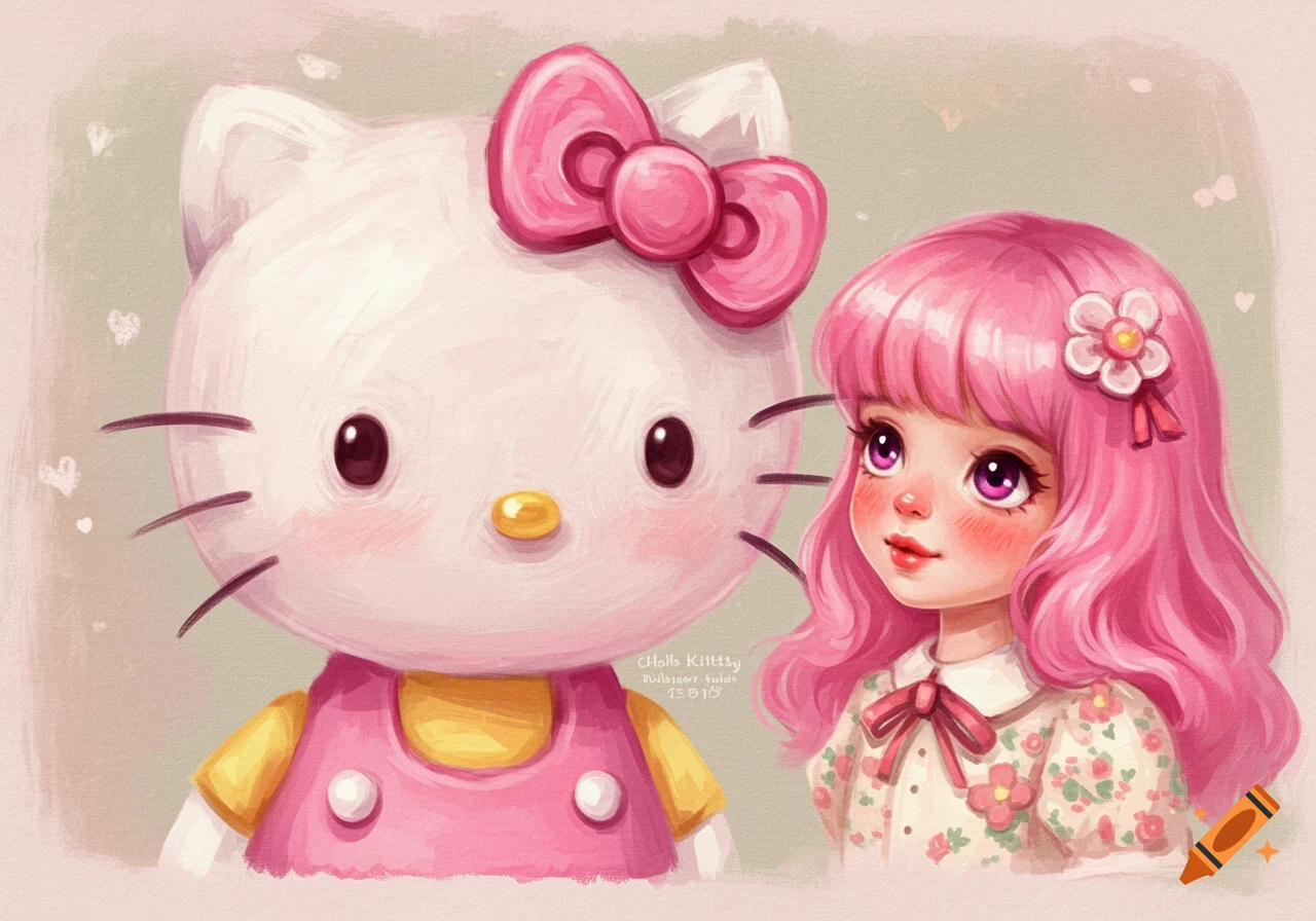 Hello Kitty and a pink-haired girl in a painterly illustration.