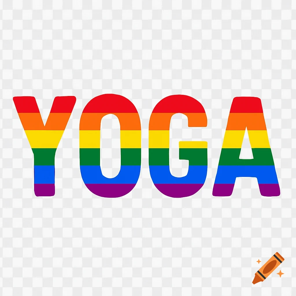The word YOGA in rainbow pride flag colors on a transparent background
