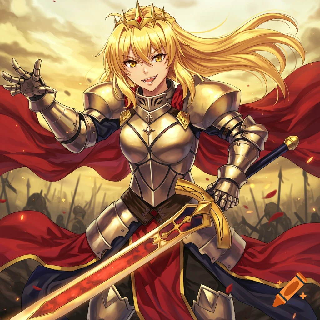 Anime style illustration of a blonde female knight in gold armor holding a sword, with a battlefield background.