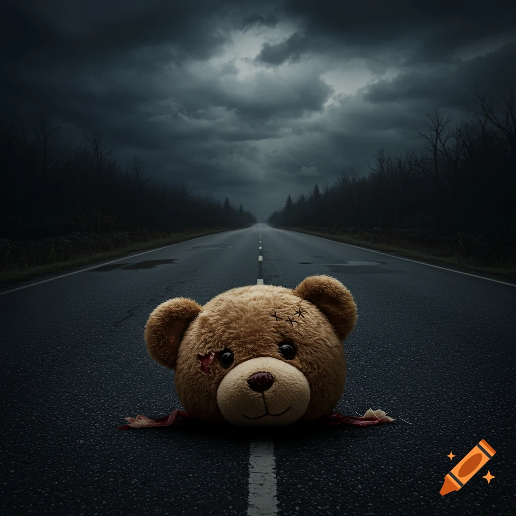A severed teddy bear head lies on the center line of a dark, wet road stretching into a foggy forest under a stormy sky.