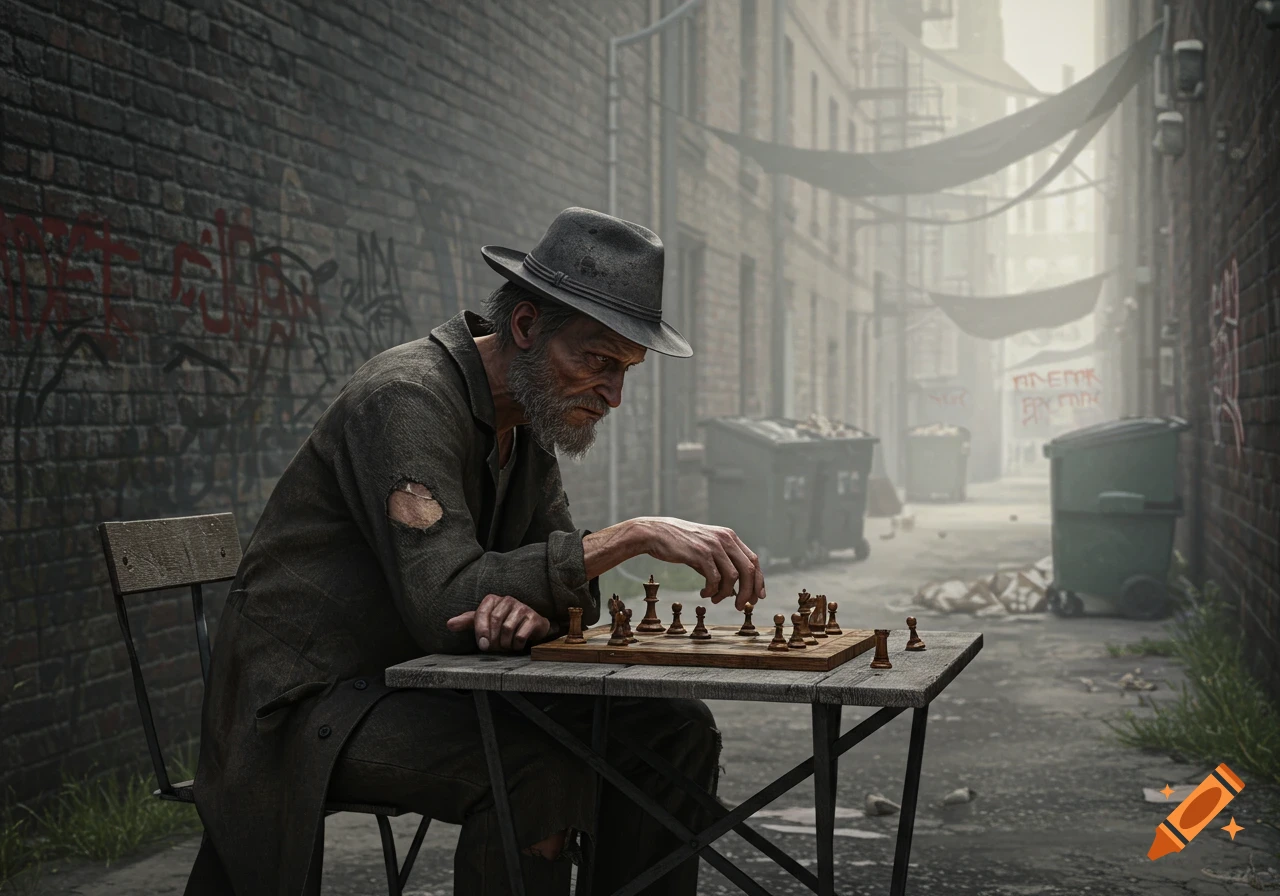 A man in a hat and coat sits at a small table playing chess in a gritty, urban alley.