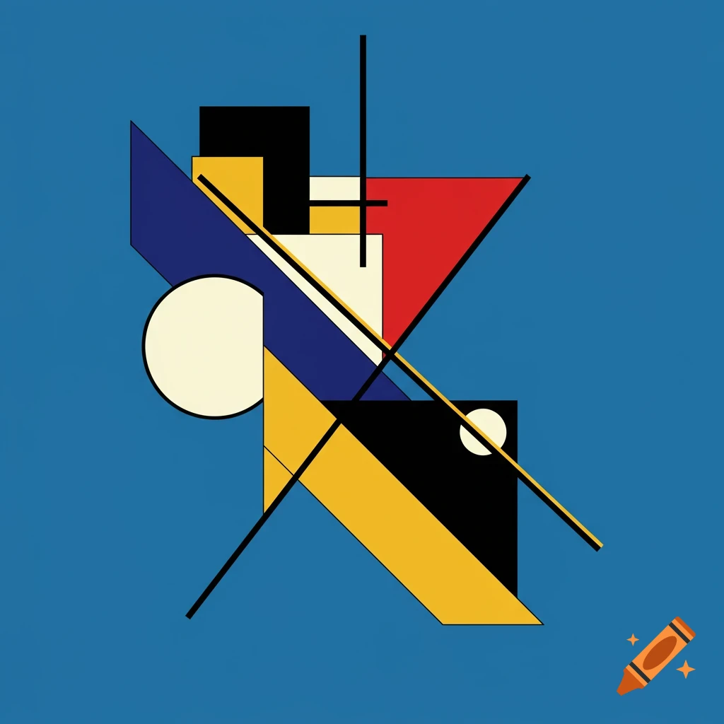 Abstract geometric composition with primary colors and black lines on blue background.