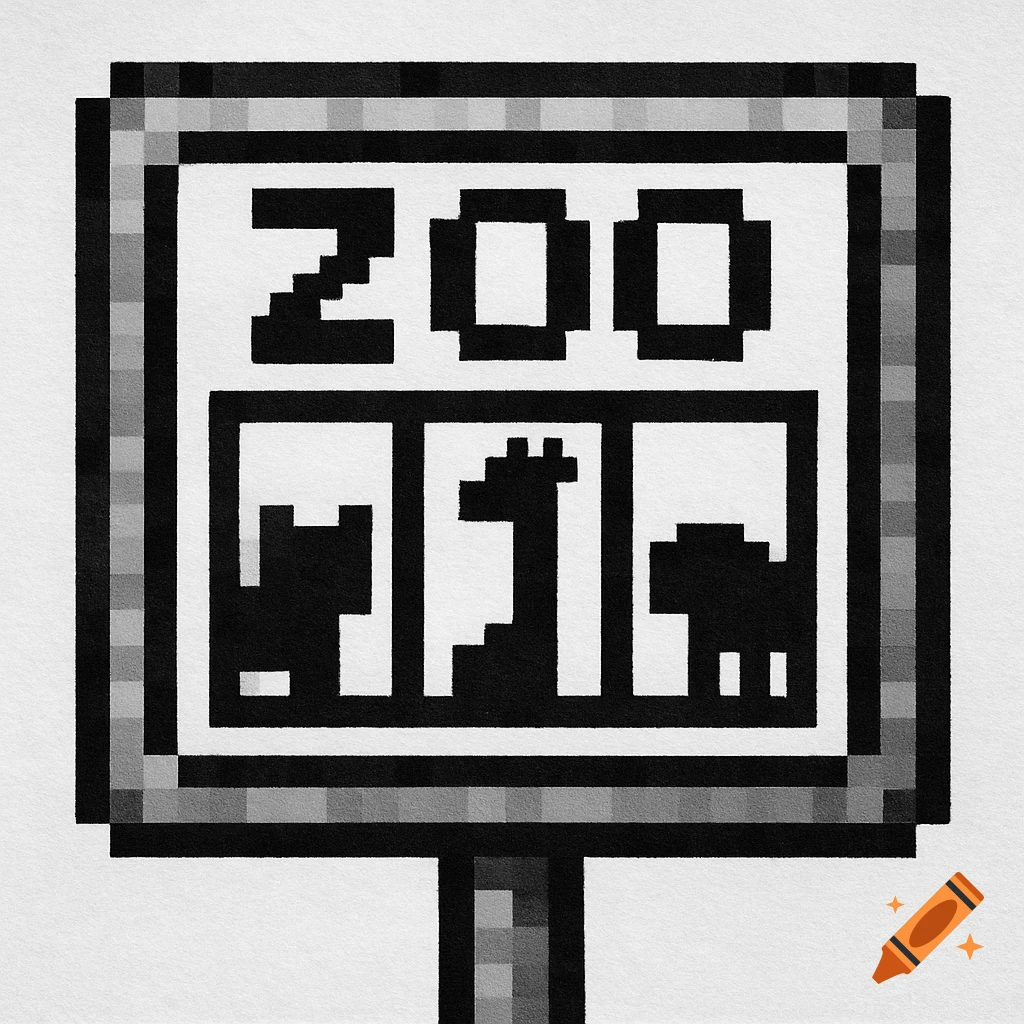 Black and white pixel art sign for a zoo with pixel animals