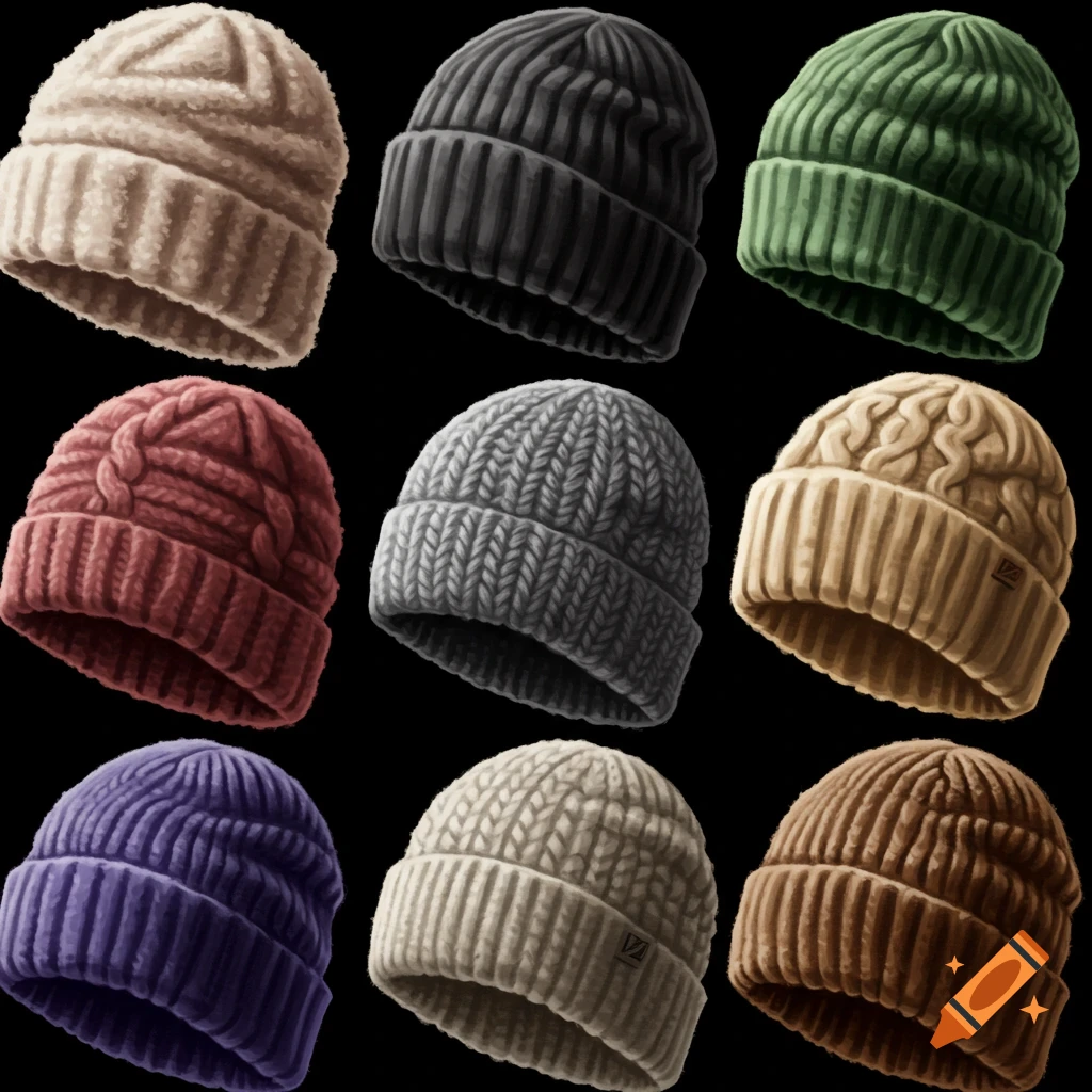 Nine different colored knitted hats displayed on a black background, showing various textures.