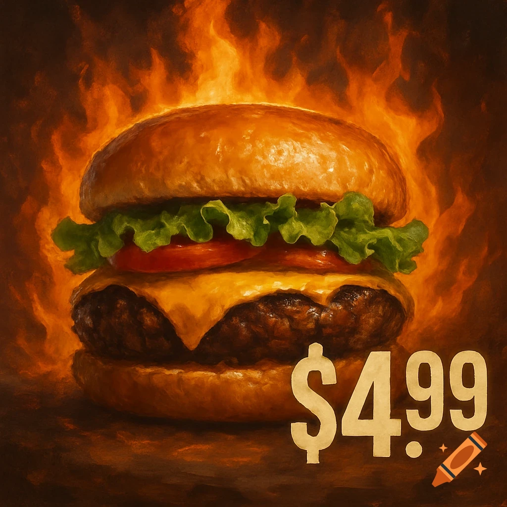 A burger with lettuce, tomato, cheese and a $4.99 price tag is surrounded by flames.