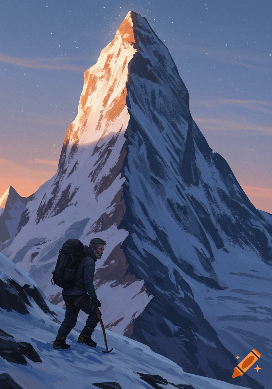A man climbs a snow-covered mountain peak during sunrise