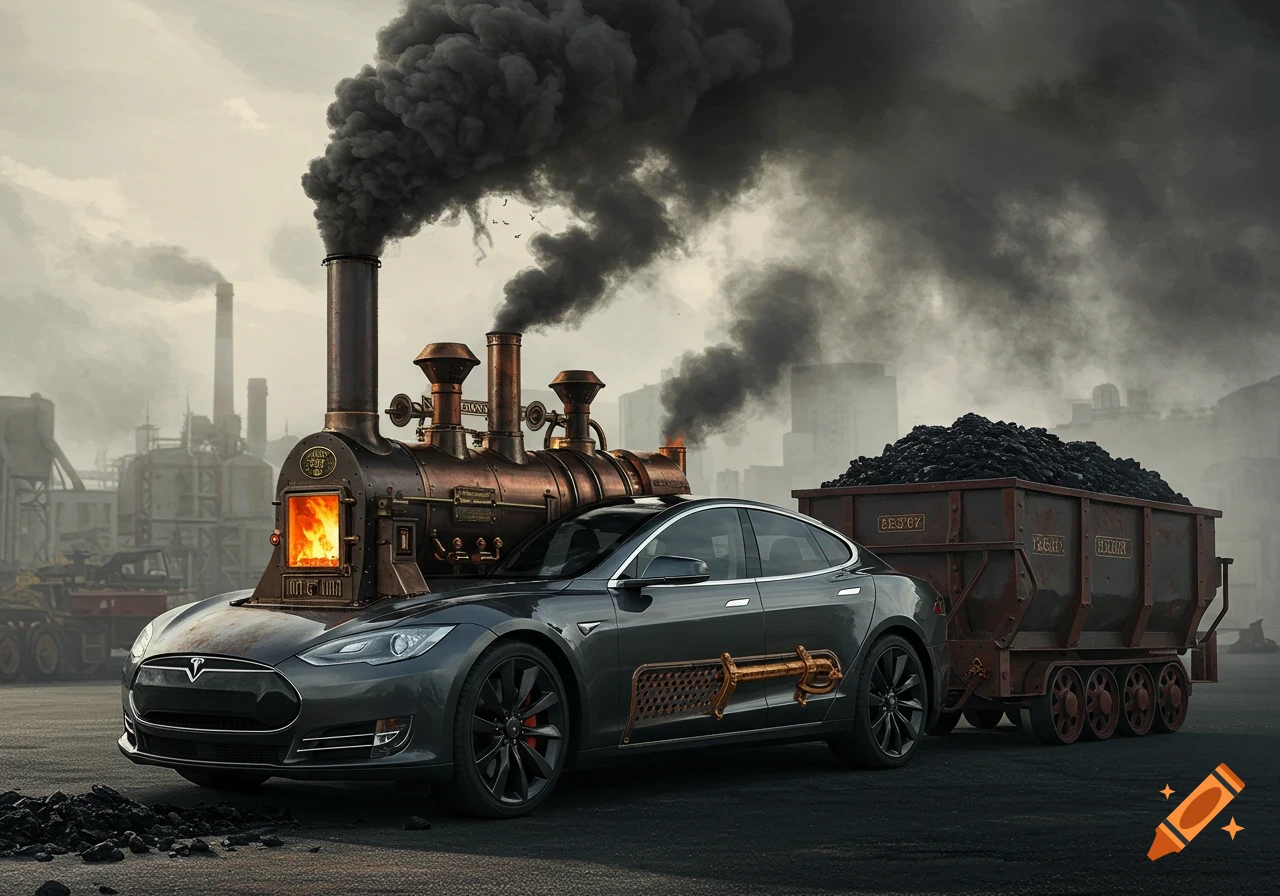 A dark grey Tesla Model S modified with a steam engine on its hood, emitting thick black smoke, pulling a coal tender.