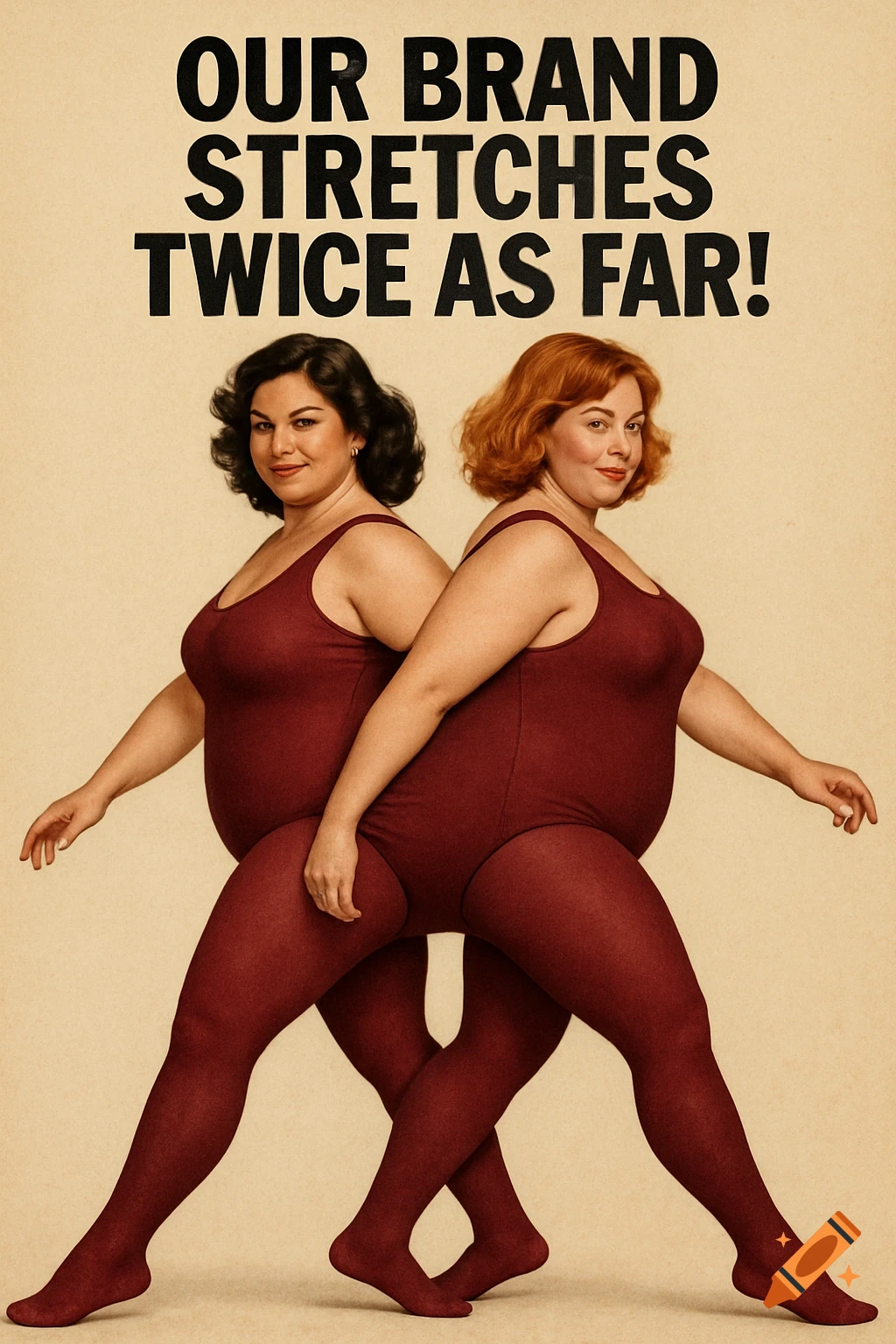 Two women in red leotards and tights create an illusion, text 'Our brand stretches twice as far!'. Advertisement photo.