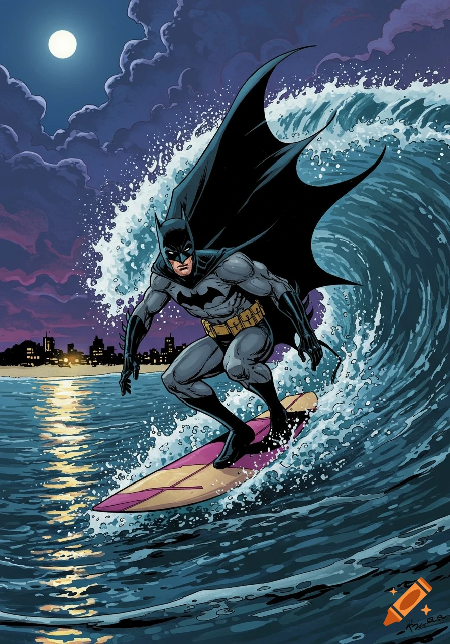 Batman surfing a wave near a city skyline under a full moon in comic art style.