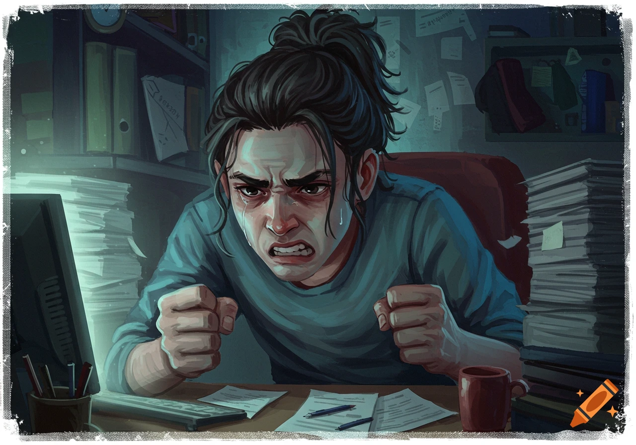 Illustration of a stressed person working late at a desk piled high with papers.