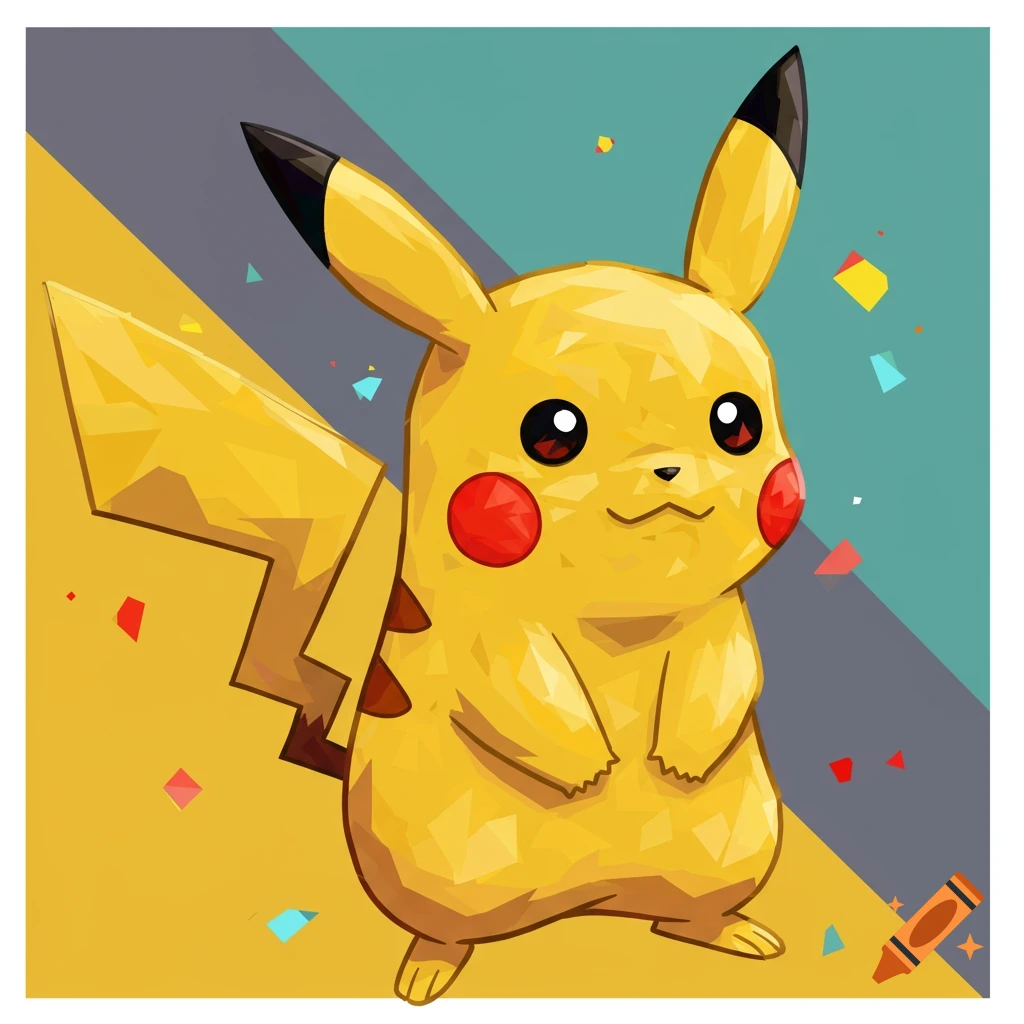 Pikachu in a cubist style with colorful confetti.