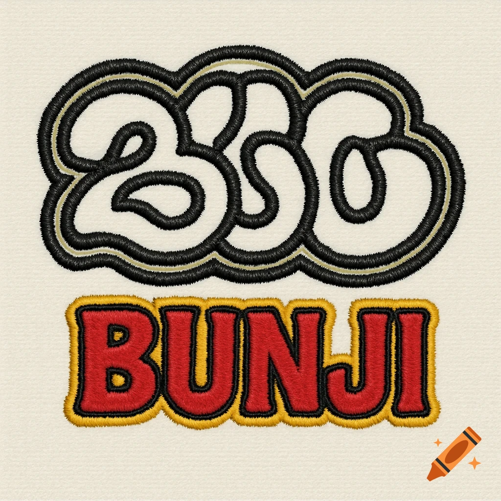 Embroidered logo with stylized black and gold text above BUNJI in red with yellow outline.