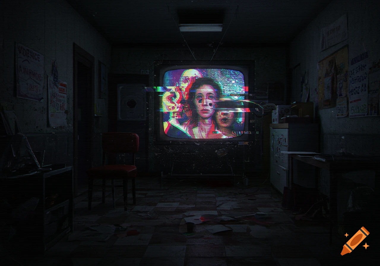 Dark room with glitchy TV displaying distorted faces, analog horror ...