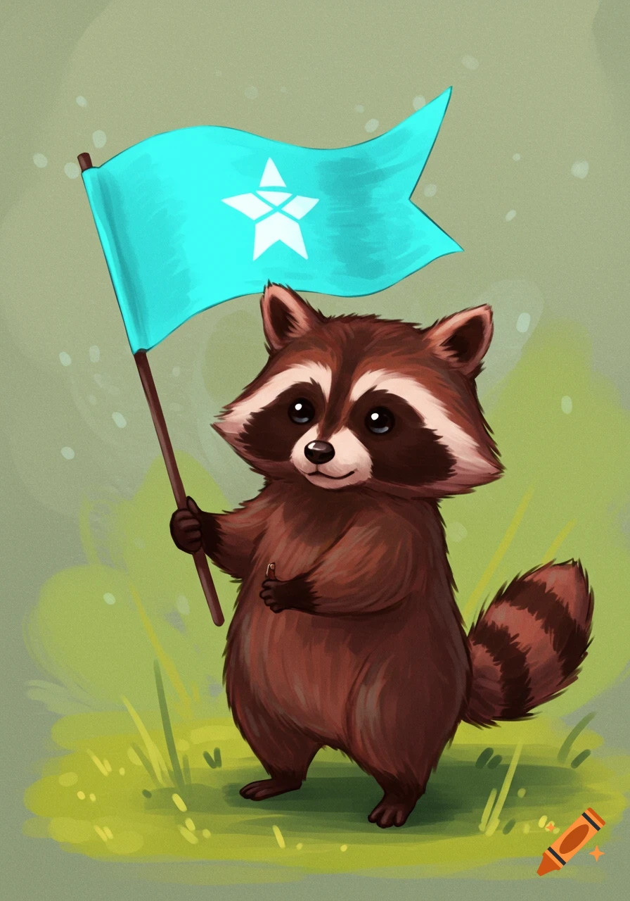 A cartoon raccoon stands in grass holding a cyan flag with a white star symbol.