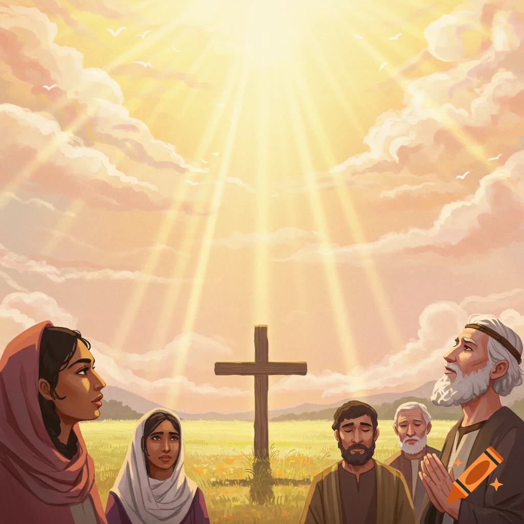 People gathered around a cross in a field under bright sunbeams from the sky, illustration.