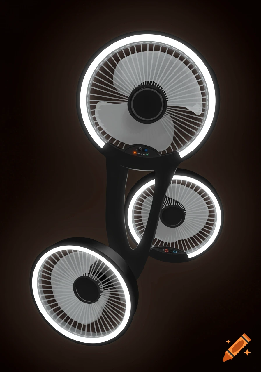 Multi-head black fan with white glowing rings