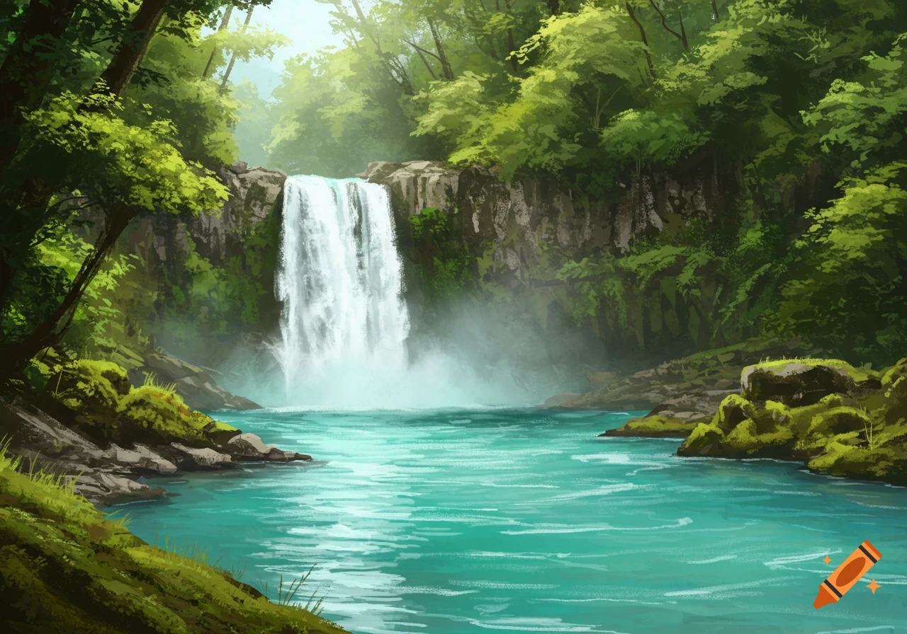 Painted landscape of a waterfall flowing into a turquoise river surrounded by a lush green forest.