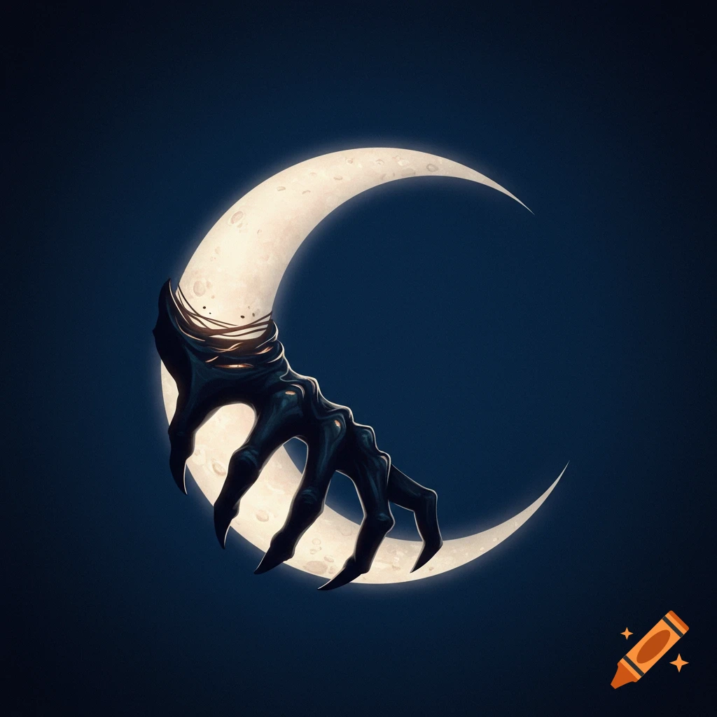 A dark, skeletal claw grasps a bright crescent moon against a deep blue background.