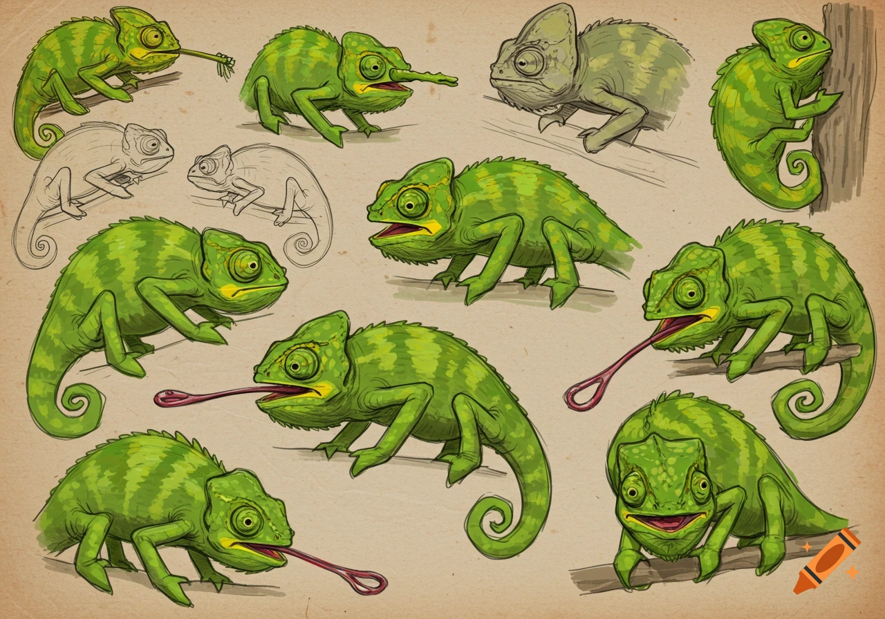 Multiple sketches of green chameleons on a tan background.