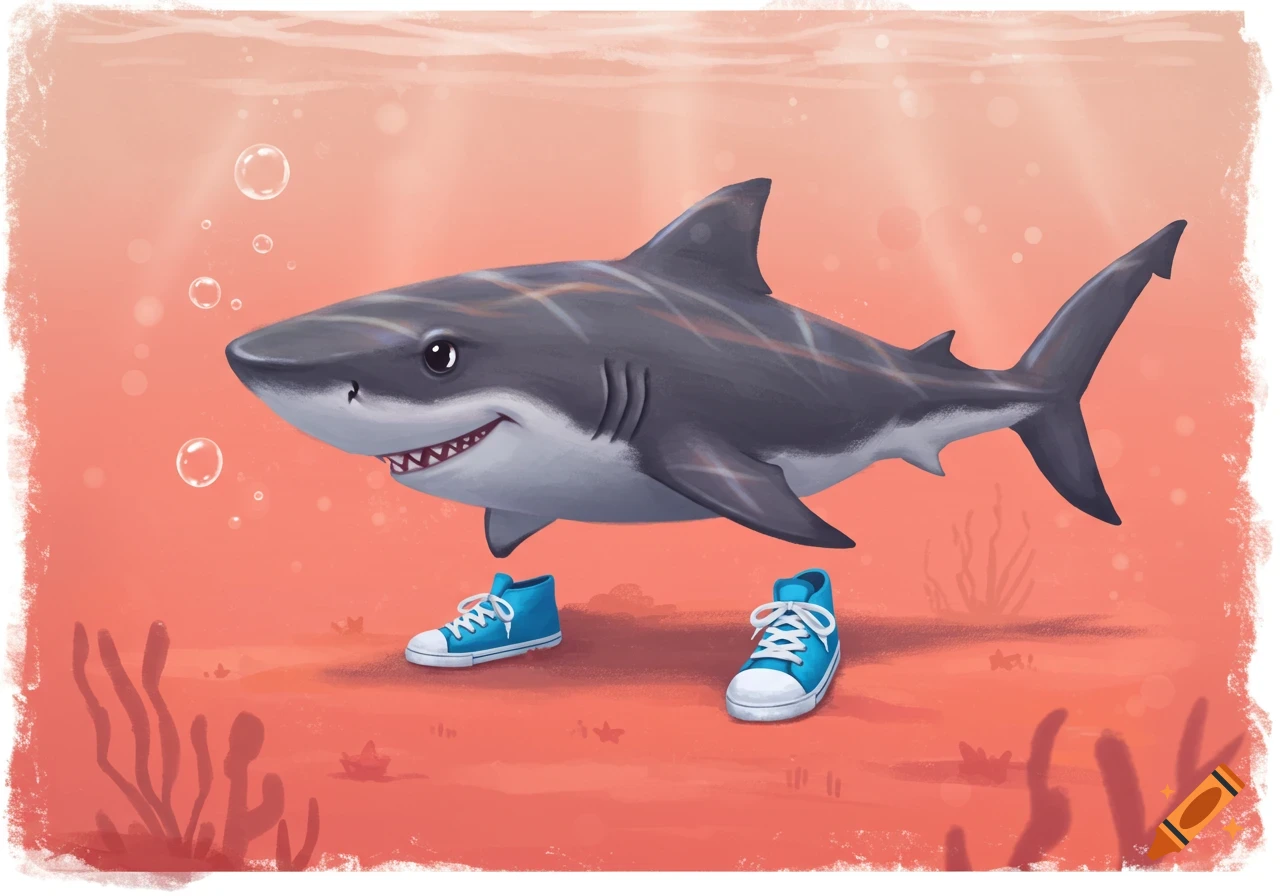 A cartoon shark with blue sneakers walks on the ocean floor.
