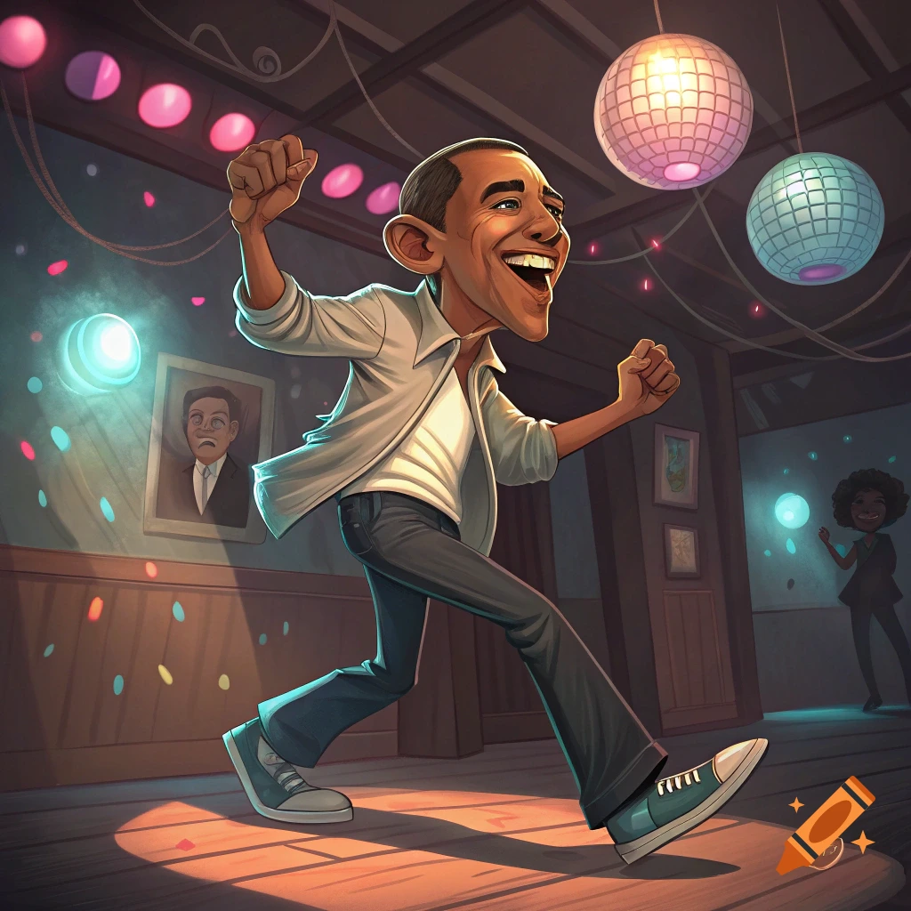 Cartoon caricature of Obama dancing in a disco setting.