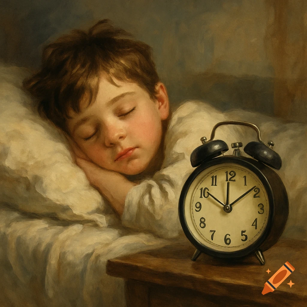 A painting of a young boy sleeping peacefully on a pillow next to an alarm clock set to 8:00.