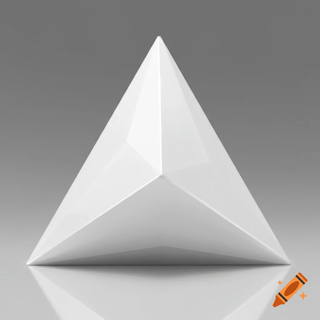 A white, glossy triangular prism on a reflective surface against a grey background.