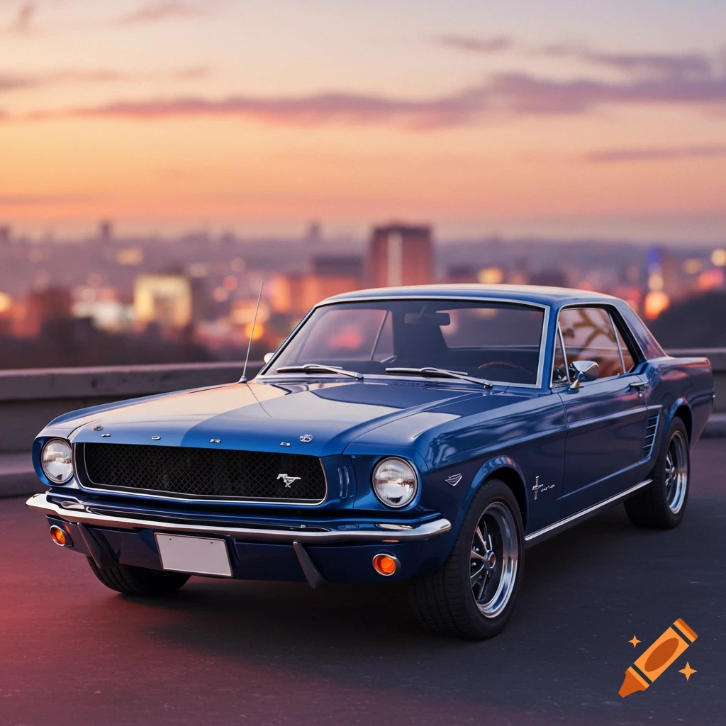 Blue classic Mustang coupe at sunset with city skyline background