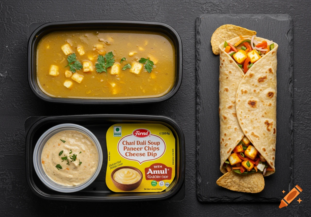 Overhead view of a takeaway meal with soup, a paneer wrap, and cheese dip.