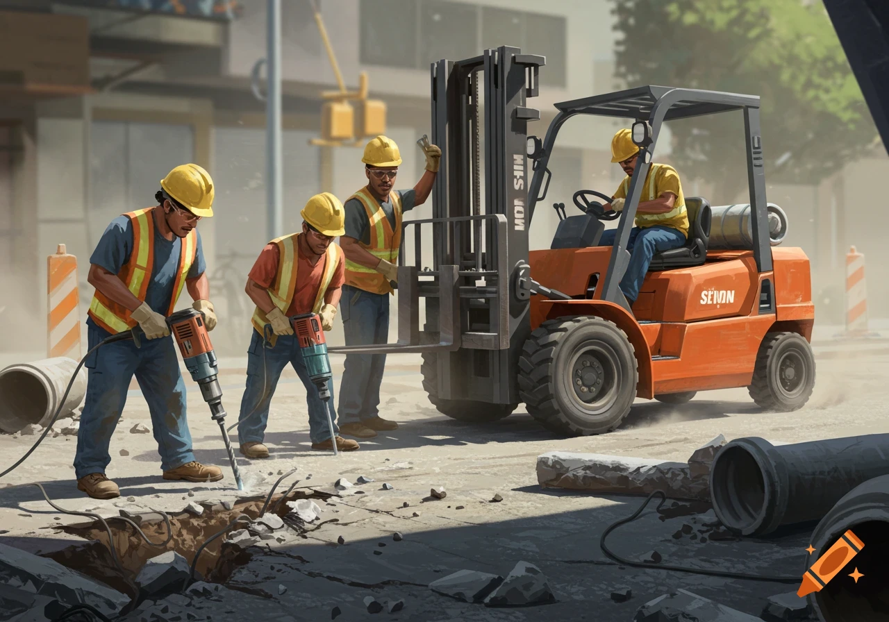 Construction workers use jackhammers and a forklift to remove concrete and pipes on a street, digital painting style.