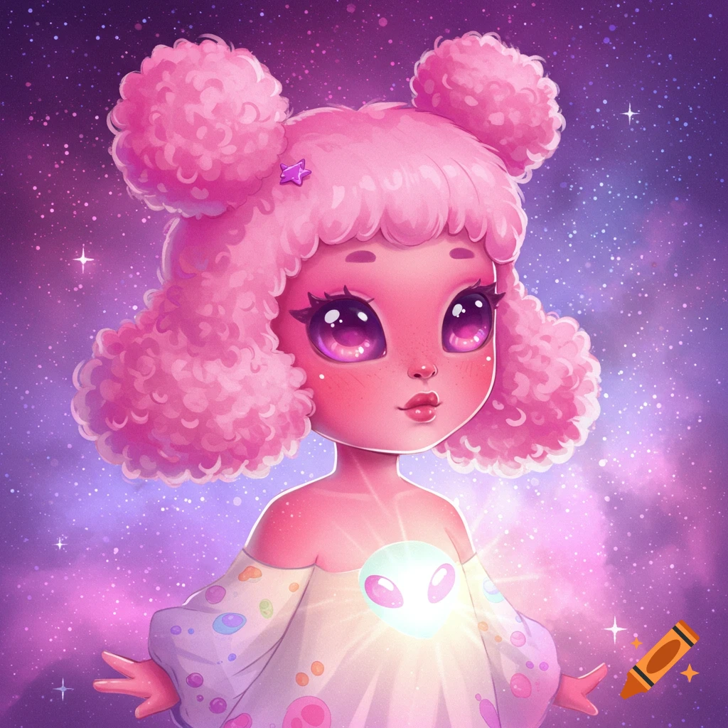 Cute pink alien creature with large eyes and fluffy hair holding a glowing alien symbol against a starry purple background illustration.