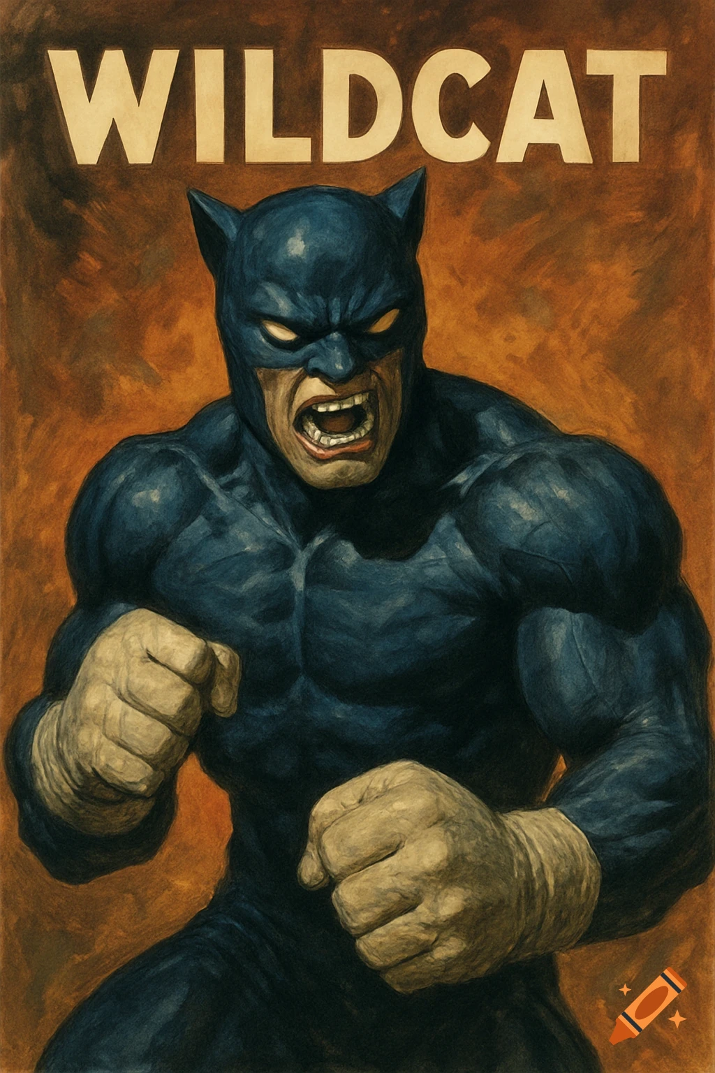 Painting of the superhero Wildcat, a man in a blue mask with cat ears and glowing eyes, flexing muscles with fists raised, text 'WILDCAT' above.