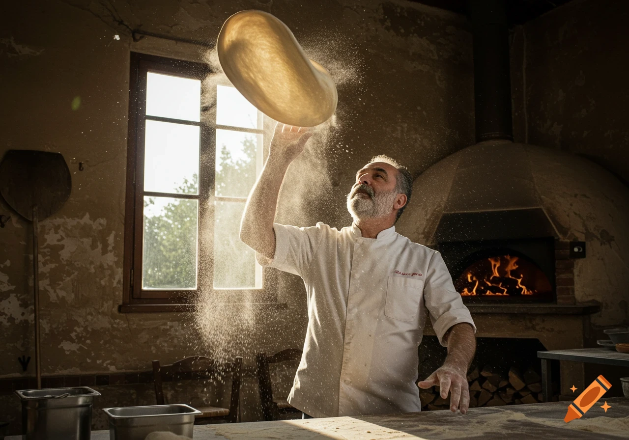 A chef tosses pizza dough in the air, flour dust flying, in a rustic kitchen with a wood-fired oven.