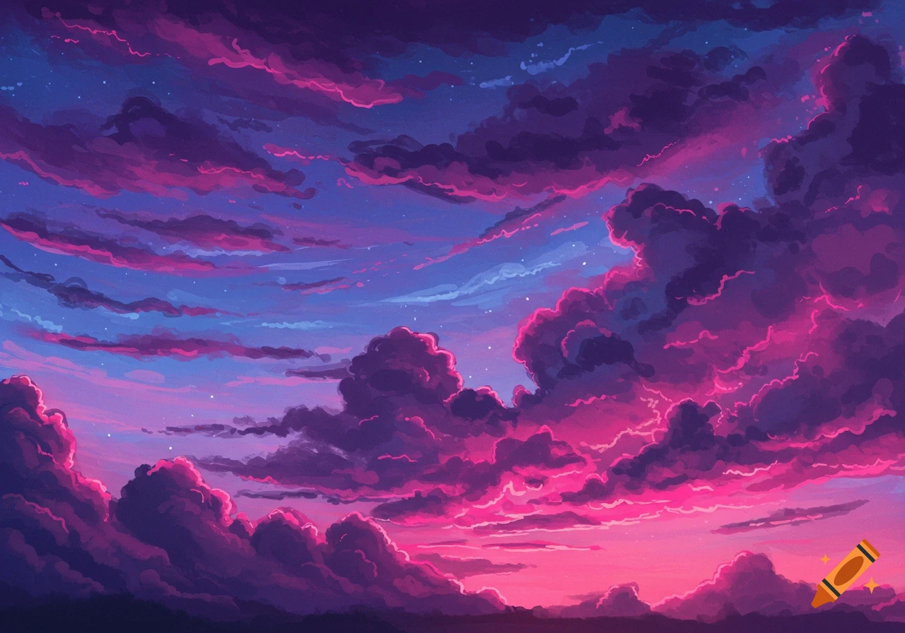 A vibrant, stylized sky with purple and pink clouds at sunset.