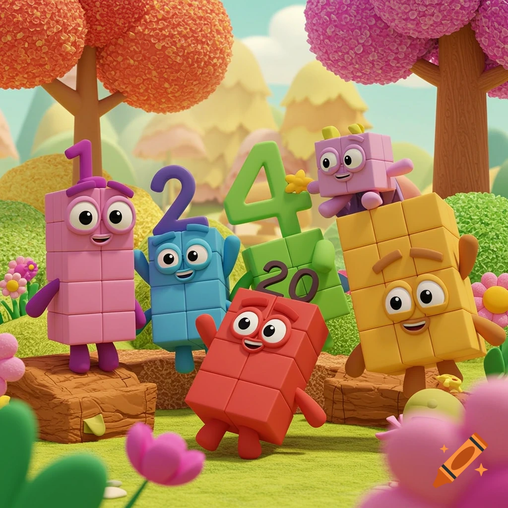 Cartoon block characters representing numbers 1, 2, 4, and 20 pose in a colorful outdoor scene.