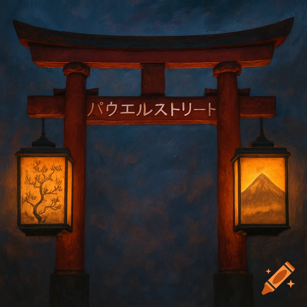 A stylized image of a red Japanese torii gate with Japanese text and two glowing lanterns featuring a tree and Mount Fuji.