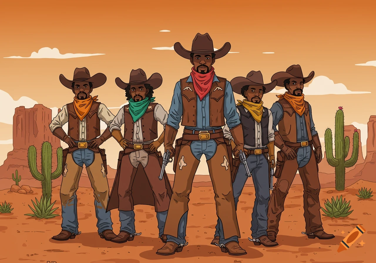 Five Black cowboys stand in a desert landscape illustration.