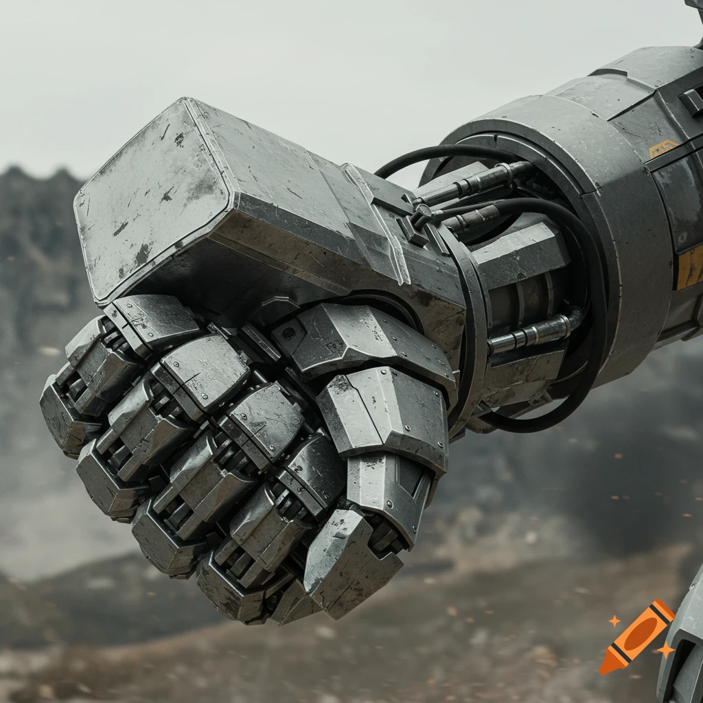 Close-up of a giant metal robot's fist raised against a blurry mountainous background.