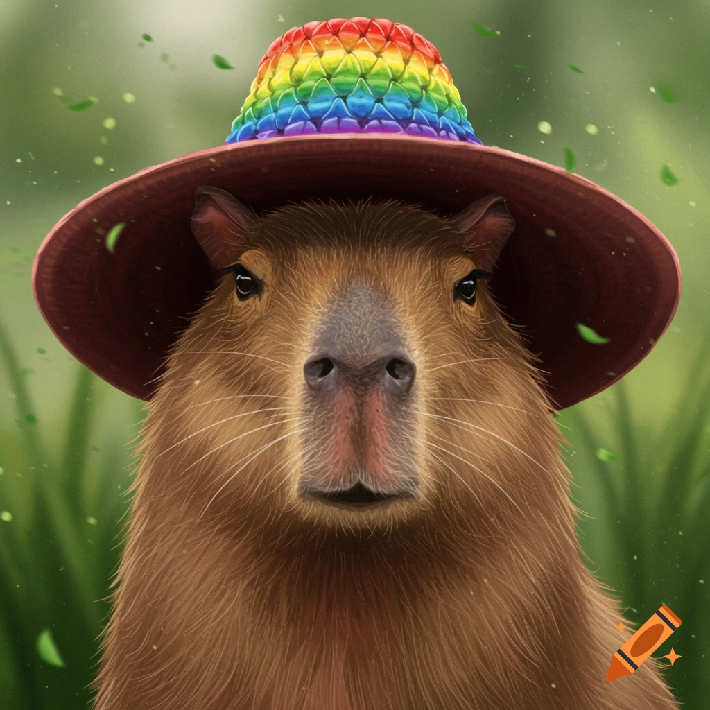 Close-up digital illustration of a capybara wearing a sombrero with a rainbow top.