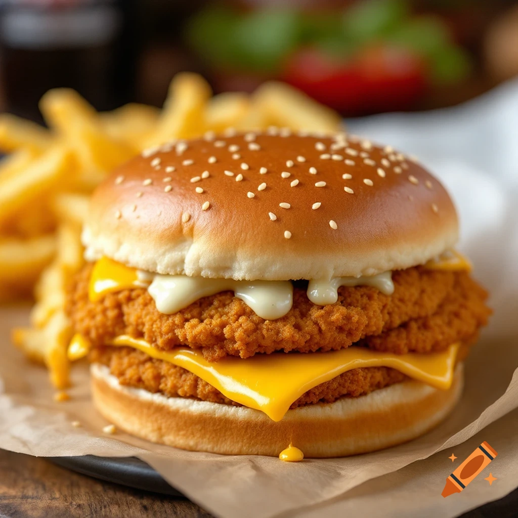Photorealistic chicken sandwich with cheese and sauce and fries.