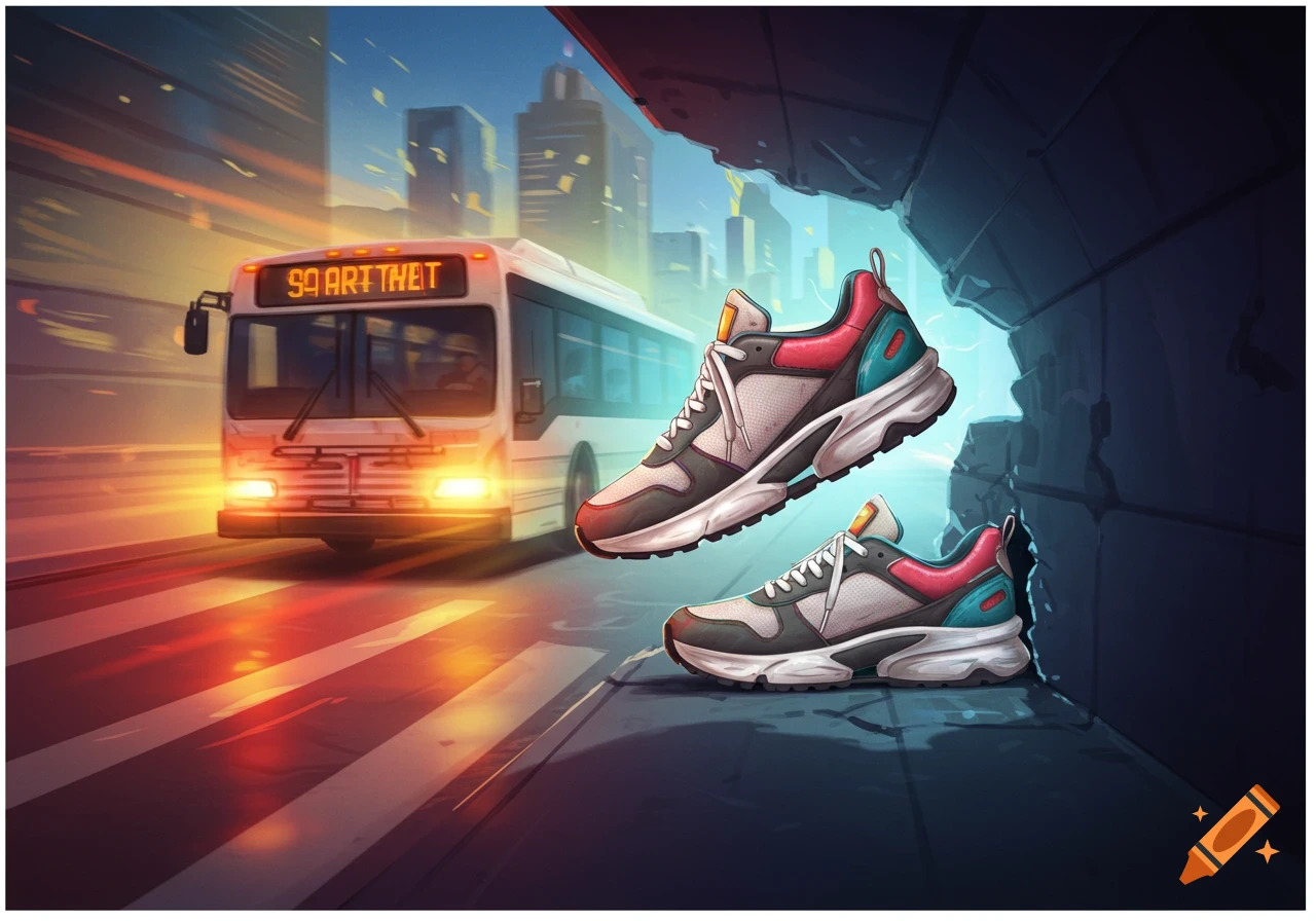 Stylized illustration of running shoes floating in front of a bus on a city street.